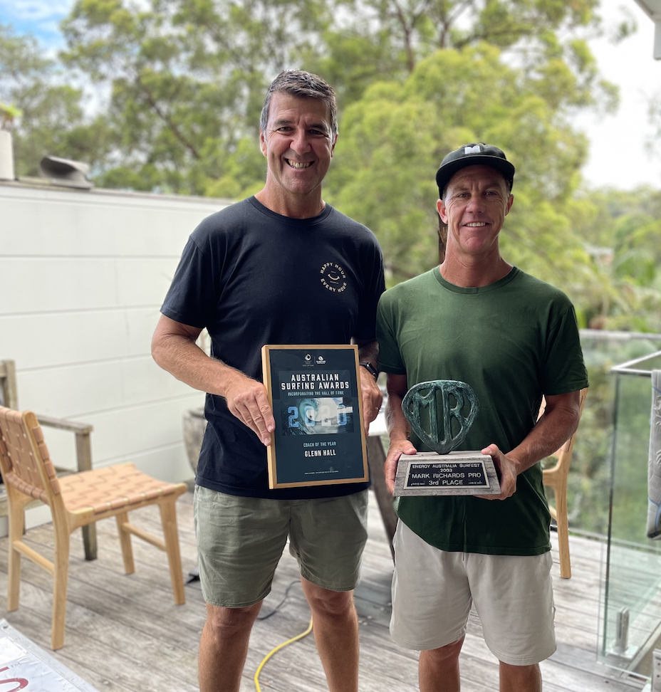 Former professional surfer and Super Coach Glenn Micro Hall with broadcaster Steve Allan